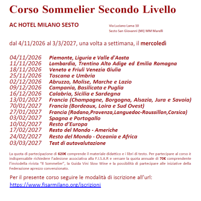 Corso Sommelier Secondo Livello AC Hotel Marriott Milano Sesto mercoledì – 04/11/2026