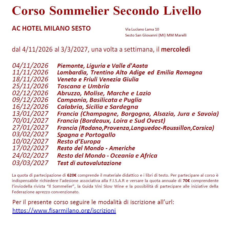 Corso Sommelier Secondo Livello AC Hotel Marriott Milano Sesto mercoledì - 04/11/2026 - immagine 2