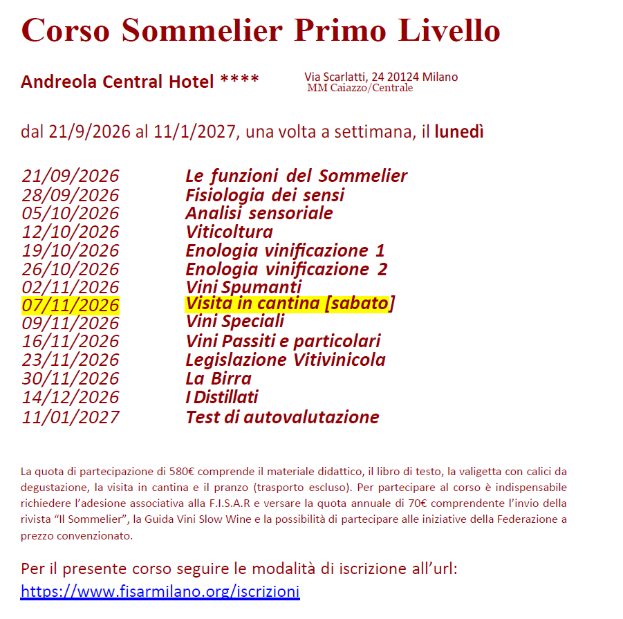 Corso Sommelier Primo Livello Andreola Hotel lunedì - 21/09/2026 - immagine 2