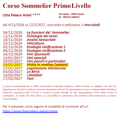 Corso Sommelier Primo Livello Lainate Litta Palace Hotel mercoledì – 04/11/2026