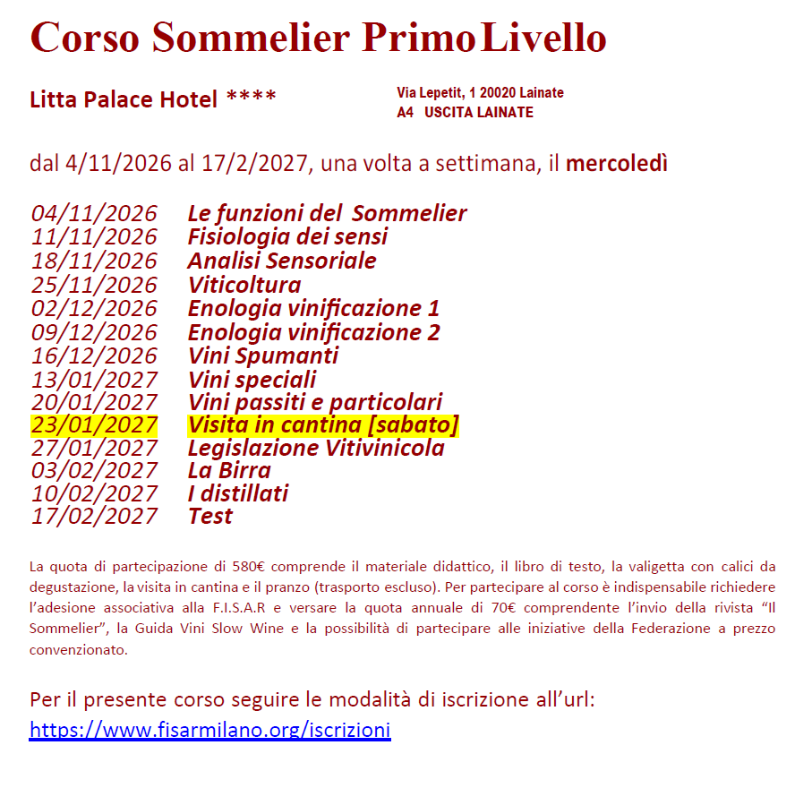 Corso Sommelier Primo Livello Lainate Litta Palace Hotel mercoledì - 04/11/2026 - immagine 2