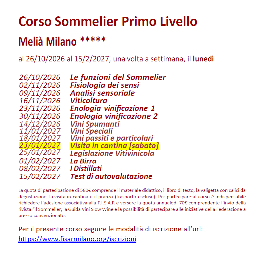 Corso Sommelier Primo Livello Melià Milano lunedì - 26/10/2026 - immagine 2
