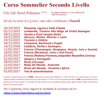 Corso Sommelier Secondo Livello CityLife Poliziano lunedì – 26/10/2026