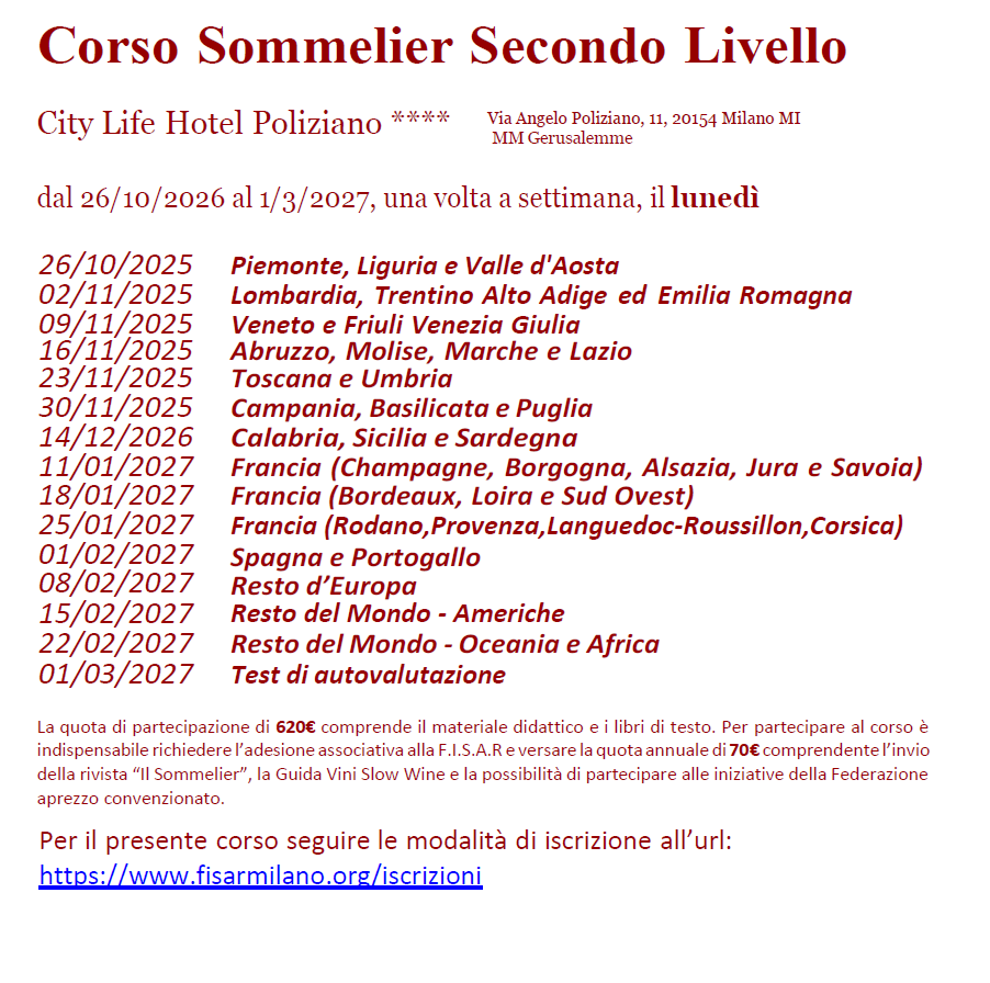 Corso Sommelier Secondo Livello CityLife Poliziano lunedì - 26/10/2026 - immagine 2