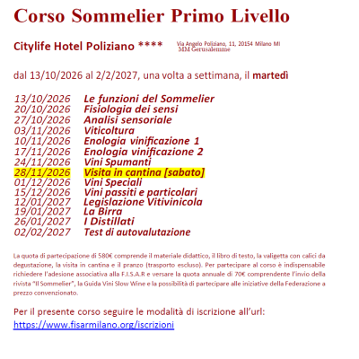 Corso Sommelier Primo Livello CityLife Poliziano martedì – 13/10/2026