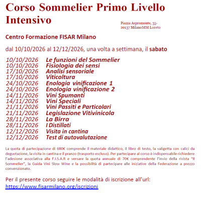 Corso Sommelier Primo Livello Sede sabato – 10/10/2026