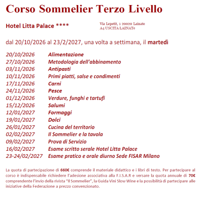 Corso Sommelier Terzo Livello Litta Palace Lainate martedì – 20/10/2026