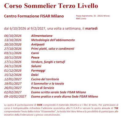 Corso Sommelier Terzo Livello Sede martedì – 06/10/2026