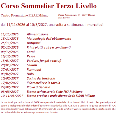 Corso Sommelier Terzo Livello Sede mercoledì – 11/11/2026