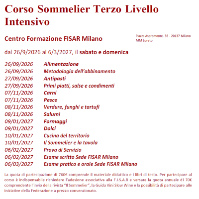 Corso Sommelier Terzo Livello Sede sabato e domenica – 26/09/2026