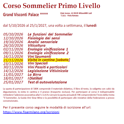 Corso Sommelier Primo Livello Grand Visconti Palace lunedì – 05/10/2026