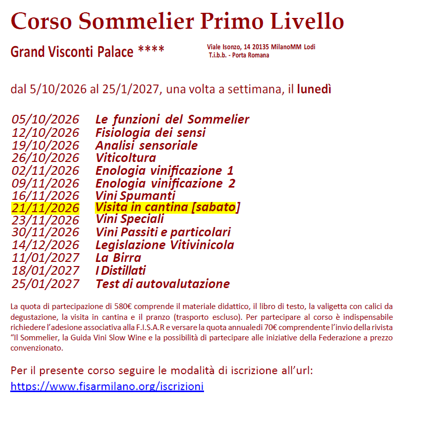 Corso Sommelier Primo Livello Grand Visconti Palace lunedì - 05/10/2026 - immagine 2